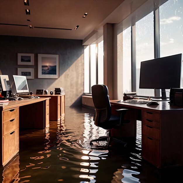 flooded office room with water damage insurance problems